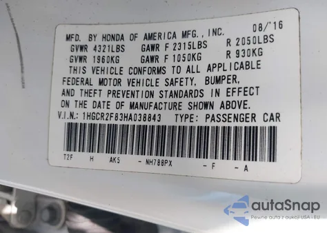 2017 Honda Accord Ex-L z USA, uszkodzony, nr VIN 1HGCR2F83HA038843